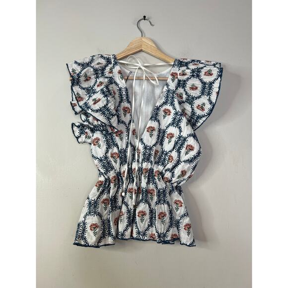 NWT Lug Von Siga Linen Jessica Back Tie Ruffle Sleevless Blue Flower Blouse Top - Picture 6 of 8